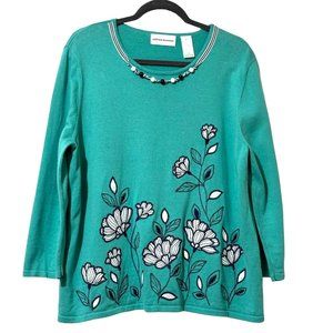 Alfred Dunner size XL green appliqué attached beaded necklace 3/4 sleeve sweater